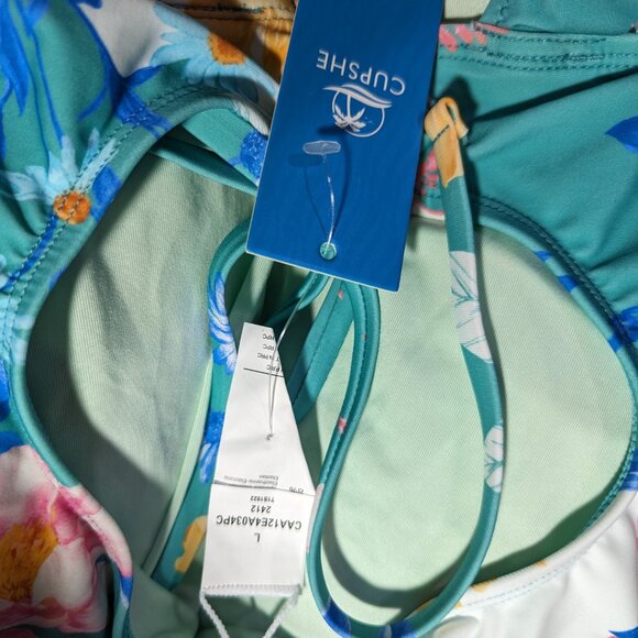 NWT Cupshe Women One Piece Swimsuit Large Multicolor Floral Tropical Ruffle Teal - Picture 2 of 4